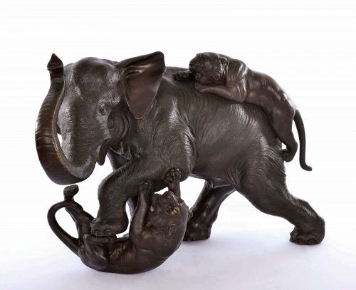 1900's Japanese Bronze Elephant Fighting Tiger Okimono Signed