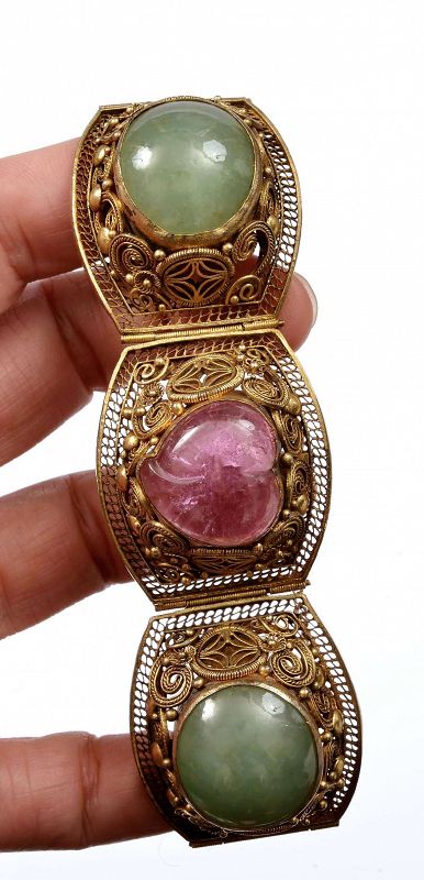 Chinese Gilt Silver Filigree Jade Jadeite Tourmaline Bead Bracelet