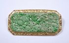 Chinese 14K Gold Jadeite Jade Carved Carving Plaque Pin Brooch