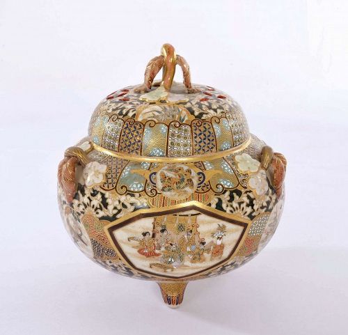 1930's Japanese Satsuma Incense Burner Censer Koro Samurai Geisha Mk