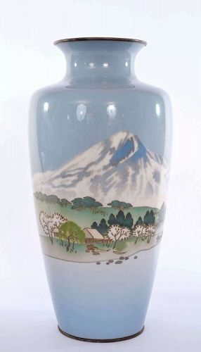 1930's Japanese Silver Wireless Cloisonne Enamel Vase Mt. Fuji. Mk 純銀