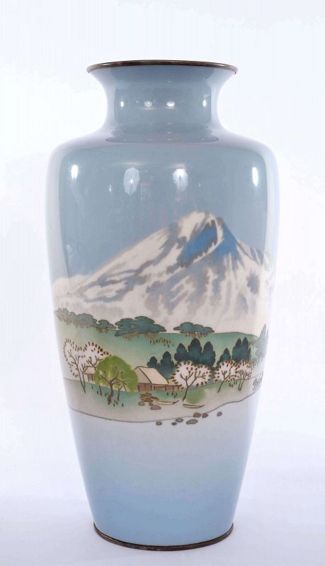 1930's Japanese Silver Wireless Cloisonne Enamel Vase Mt. Fuji Mk 純銀