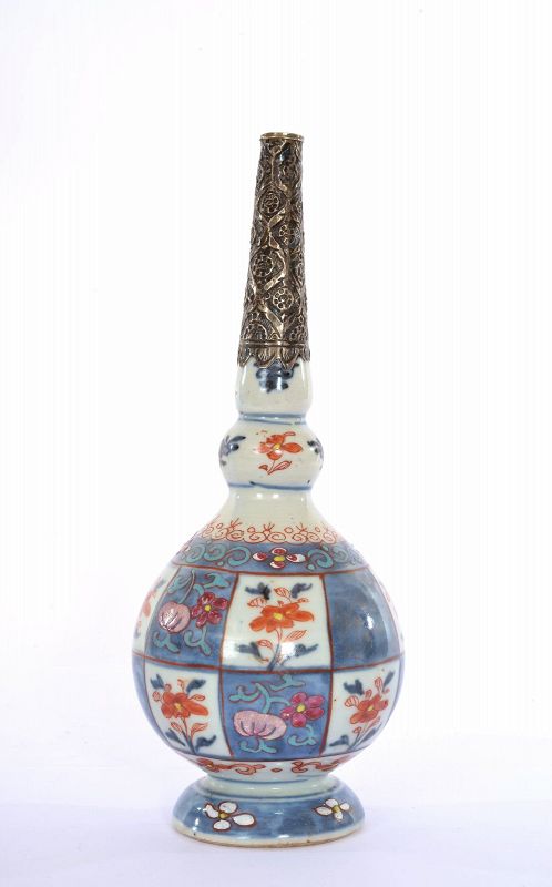 Chinese Kangxi Famille Rose Rosewater Sprinkler Vase Silver Mount