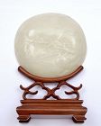 18C Chinese White Jade Carved Plaque Wood Stand Persimmon Bat