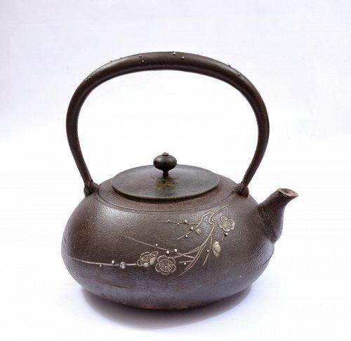 1930's Japanese Inlaid Silver Cast Iron Teapot Tetsubin Plum Flower