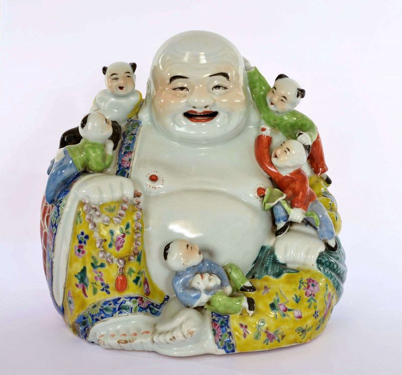 1930's Chinese Famille Rose Porcelain Buddha Happy Buddha Marked "朱茂記造