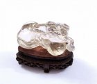 1900's Chinese Rock Crystal Carved Carving Foo Dog Lion on Wood Stand