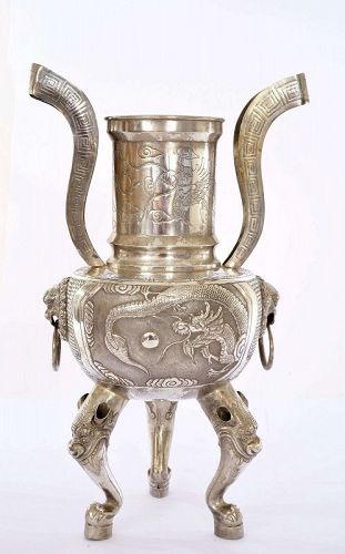 1930's Chinese Solid Silver Dragon Censer Incense Burner Foo Dog Lion