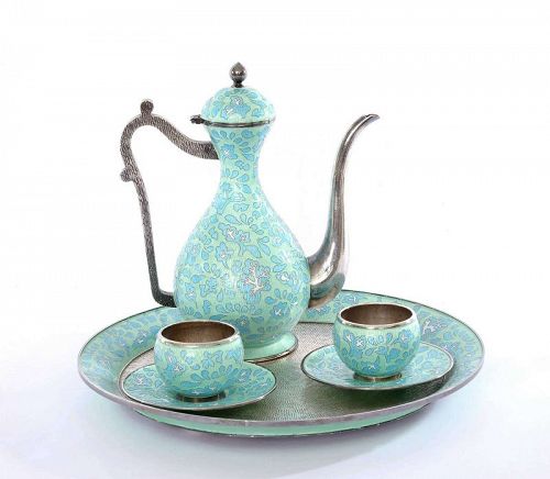 Korean 99%  Silver Enamel Teapot Tea Set 1220 GRAM