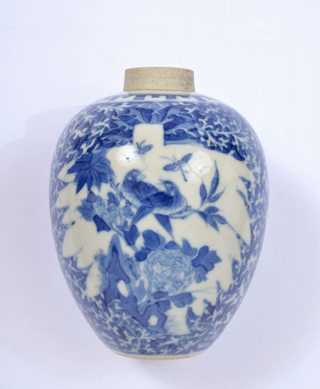 19C Chinese Blue & White Porcelain Tea Caddy Vase Flower Bird