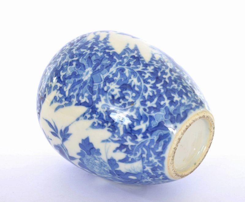 19C Chinese Blue &amp; White Porcelain Tea Caddy Vase Flower Bird