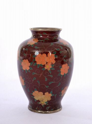 Old Japanese Burgundy Plique a Jour Cloisonne Enamel Vase Flowers