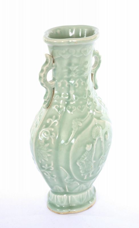 1930's Chinese Celadon Glaze Porcelain Vase Figure Bat Marked