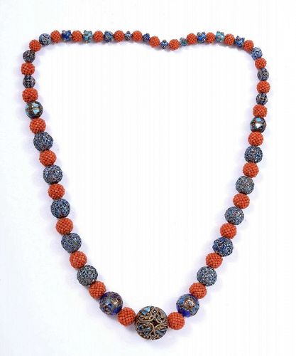 1930's Chinese Woven Red Seed Coral Silver Enamel Bead Necklace