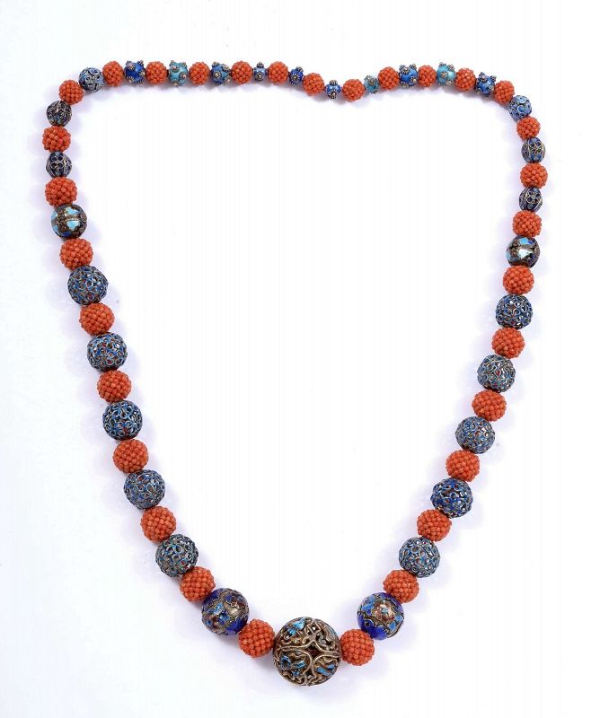 1930's Chinese Woven Red Seed Coral Silver Enamel Bead Necklace