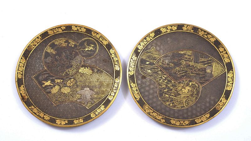 Meiji Japanese Komai Style Mixed Metal Gilt Iron Plate Garden Scene