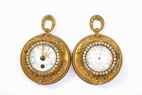 Antique French Gilt Bronze Ormolu Boudoir Wall Clock & Barometer