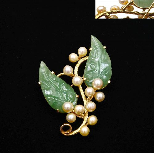 Ming's Hawaii 14K Gold Jadeite Jade Caved Pearl Pin Brooch Mk