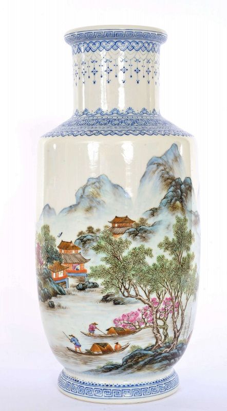 1970's Chinese Famille Rose Porcelain Vase Landscape Marked