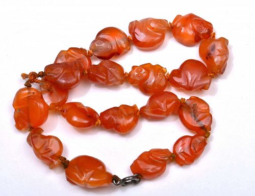 1900's Chinese Agate Carnelian Carved Monkey Bead Necklace