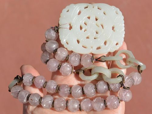 19C Chinese White Jade Plaque Loop Ring Rose Quartz Bead Necklace