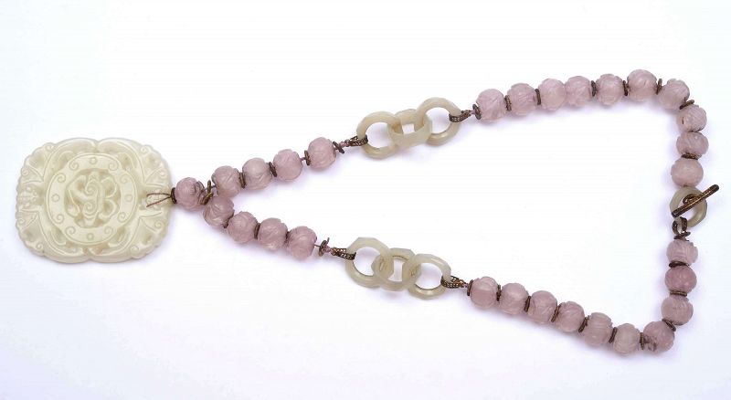 19C Chinese White Jade Plaque Loop Ring Rose Quartz Bead Necklace