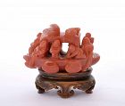 18C Chinese Carnelian Agate Carved Miniature Boat Ship Wood Stand