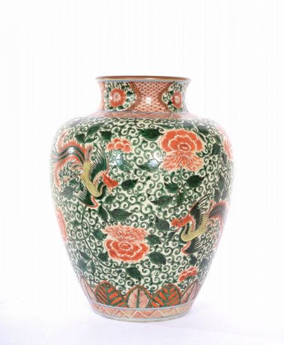 17C Chinese Wucai Porcelain Vase Chocolate Rim Peony & Phoenix