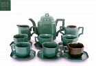 Vintage 15 Pc Chinese Green Enamel Yixing Zisha Pottery Tea Set Mk