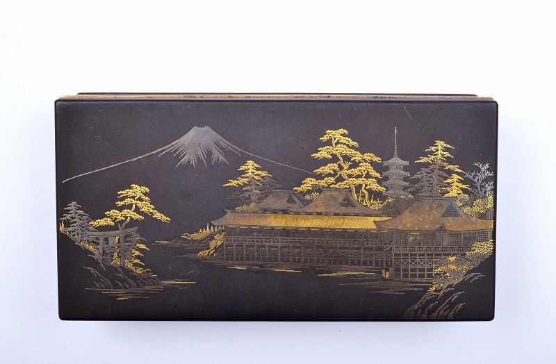 Japanese Amita Damascene Mixed Metal Fuji Mountain Temple Box