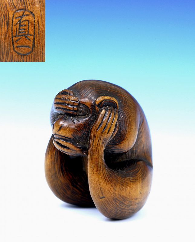 19C Japanese Wood Carved Netsuke Monkey See Hear Evil Sg