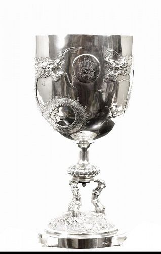 19C Chinese Solid Silver Repousse Dragon Champion Cup Mk