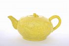 19C Chinese Lemon Yellow Monochrome Relief Porcelain Teapot