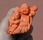 Chinese Natural Salmon Coral Carved Hotei Buddha 3 Children Figure