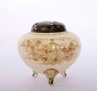 1900's Japanese Satsuma Incense Burner Censer Koro Silver Lid Signed