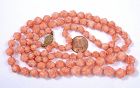 Vintage Chinese Carved 10mm Angel Skin Coral Floral Bead 35" Necklace
