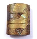 19C Japanese Makie Lacquer 5 Case Inro Fan Design Signed