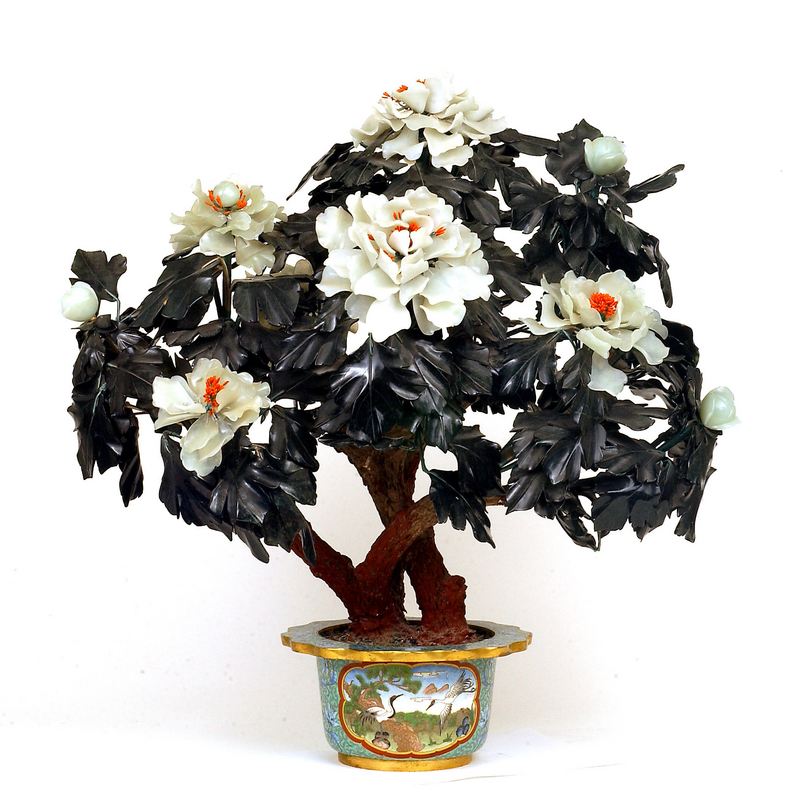 Large Chinese Hardstone Jade Jewel Tree Cloisonne Pot