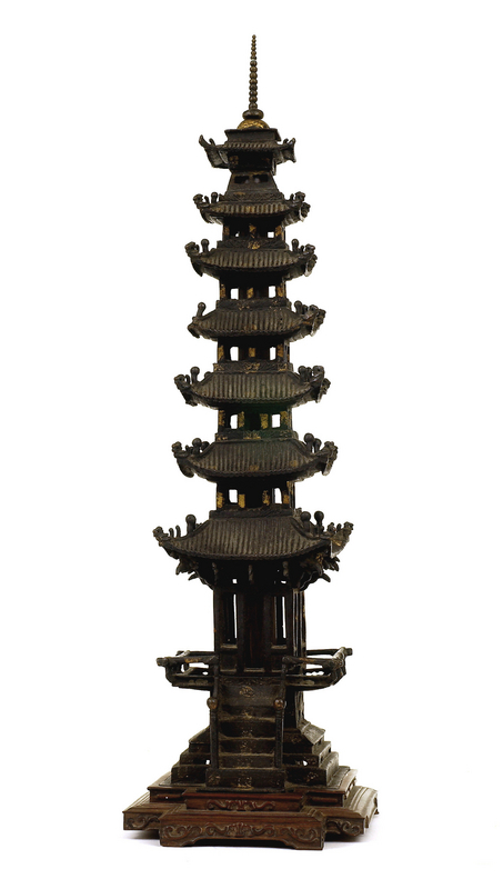 17C Chinese Gilt Bronze Pagoda Tower Zitan Stand Box