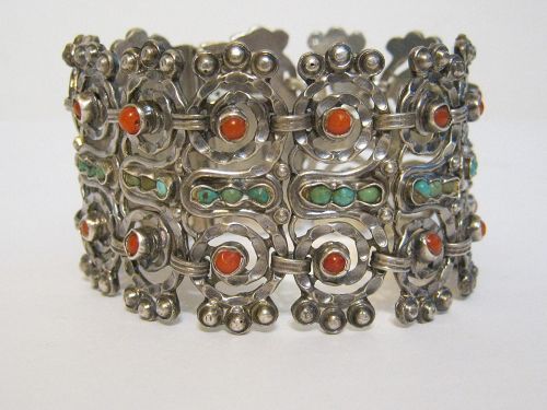 Matilde Poulat MATL Silver, Coral & Turquoise Bracelet Early Vintage