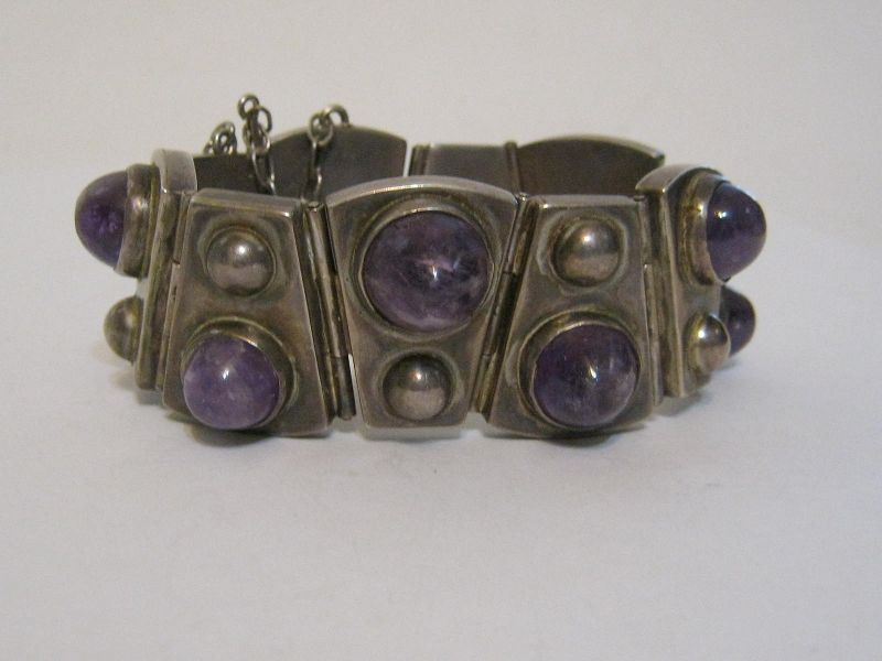 Mexican Vintage Silver Amethyst Cuff Bracelet, Hand Made Boho Hippie 925 Silver Bracelet Size 2024 M, Unique Vintage Gift