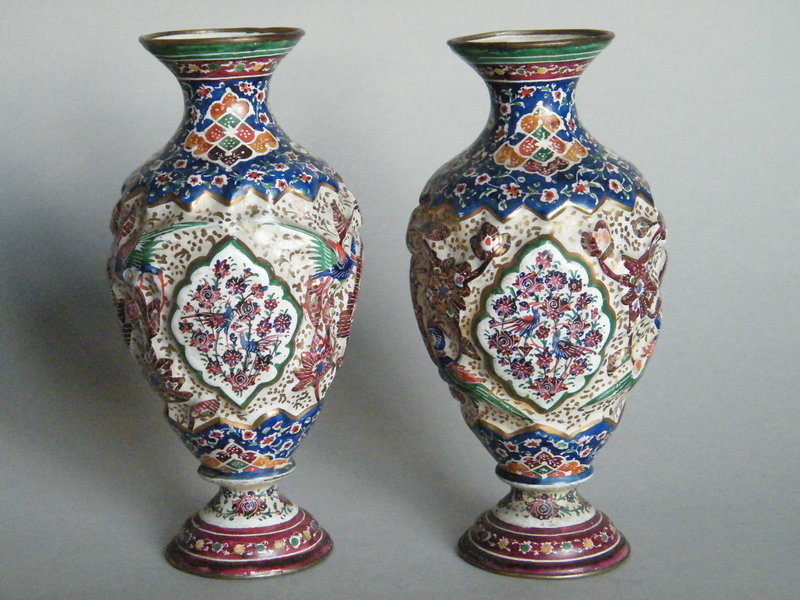Pair of Persian Qajar style Enamel Vases, 19/ 20th Cent