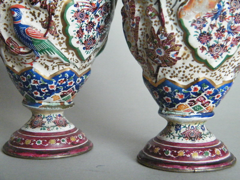 Pair of Persian Qajar style Enamel Vases, 19/ 20th Cent