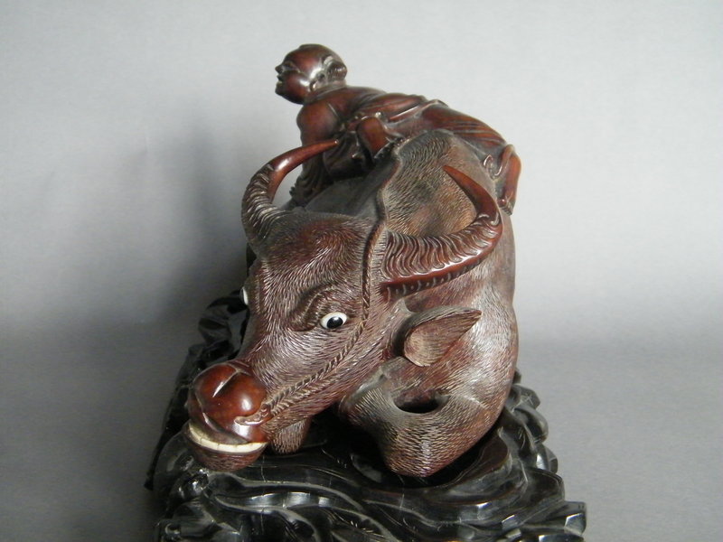 Large Carved Hardwood Ox &amp; Boy on Stand circa1850-1900
