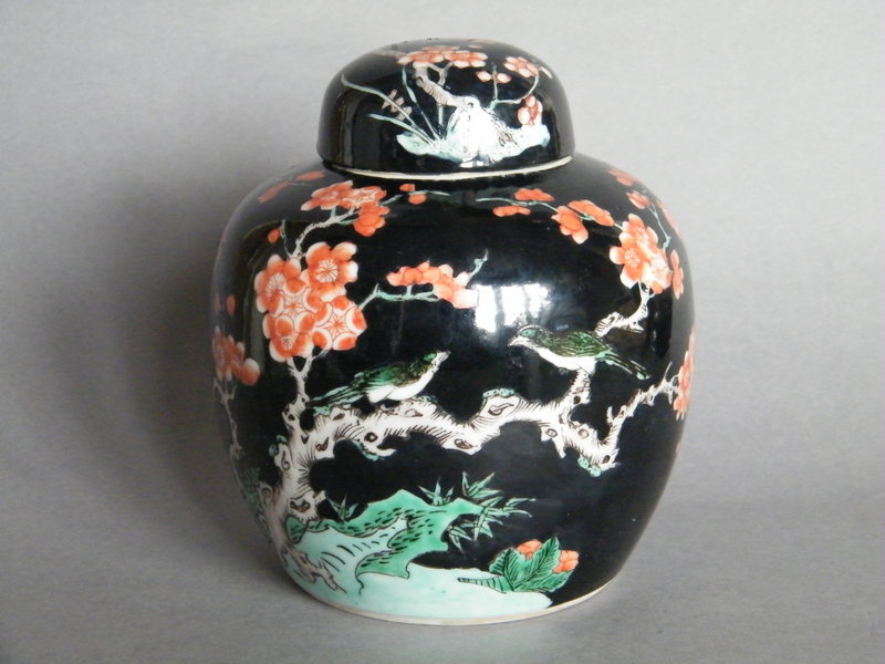 Rare 19C Kangxi Style Famille Noir Jar & Cover Guangxu