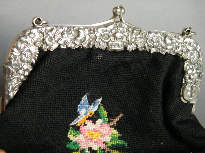 German Embroidered Handbag with Silver Clasp 1900-1910