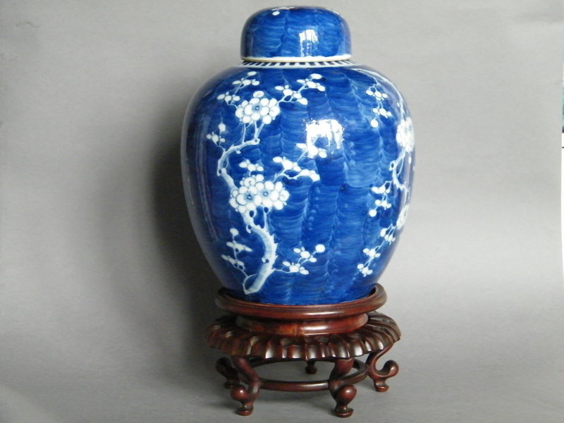 Large Kangxi Style Prunus Jar, Cover & Stand c1875-1908