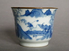 Blue & White Landscape Wine Cup Copper Rim c1850-1920