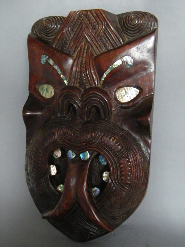 48cm Carved Maori T&amp;#363;matauenga Mask N.Z. c1920-1950