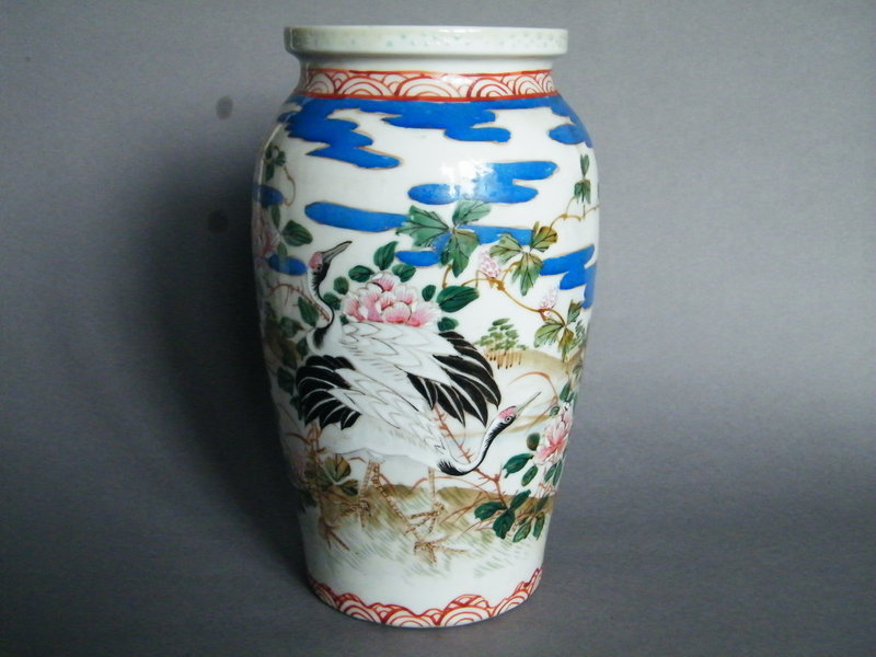 19th Century Arita Porcelain Cranes & Peony Vase, Japan